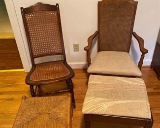 Wood Chairs with Wicker Backs and Footstools
