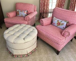 Custom armchairs with nailhead detailing on rolled arms (33.5" W x 32" x 37" D) - $950 each AND round ottoman with tassels (30" W x 18.5" T) - $750