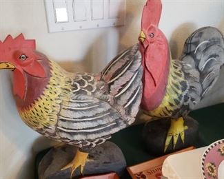 Hand Carved Wood Roosters