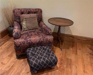 Chair, ottoman, Antique table