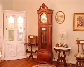 Corner Cabinet, Grandfather Clock, two small tables, piano chair