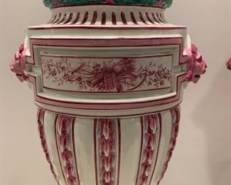Alternate view - Pair of Large Antique Gien France Urns - $1500 - 17"H by 9 1/2"W by 7" square at the base