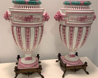 Pair of Large Antique Gien France Urns - $1500 - 17"H by 9 1/2"W by 7" square at the base