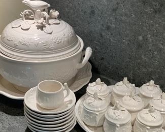 Italian Ceramic Tureen, Pots du Creme, Saucers and Platter - $150