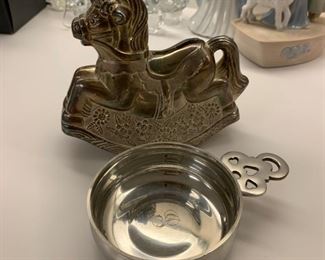 Silverplate Rocking Horse Bank and Pewter Porringer - $25