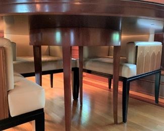 Alternate view - Custom Made Art Deco Style Table and Leather Chairs - $1500 - Table 30"H x 54" Diameter. Chairs 35"H x 27"W x24"D. A few nicks to the black lacquer finish on the legs.