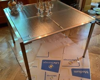 Contemporary Chrome and Glass Table - 2 available - $100 - 29"H x 42" Square  (small chip to corner of glass top).