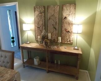 Larger Entry Table with Bird Inspired Wall Art, Matching Lamps