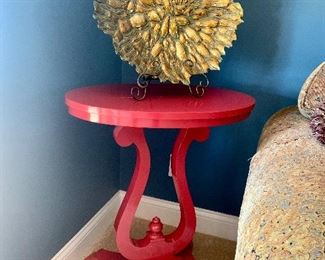 Harp Shaped Painted Red Oval Top Table and Glass Bowl