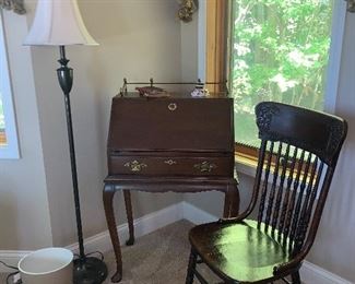 Cherry Drop Leaf Desk, Floor Lamp and Pressed Back Side Chair