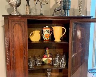 1920 China Cabinet,  B&G  Bradley & Hubbard Lamp Fiesta Pitcher and Coffee   glasses etc.