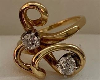 14 KT Free Form Ring with 2 diamonds