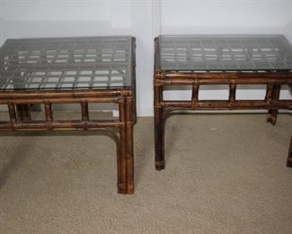 Vintage faux bamboo and glass end tables.