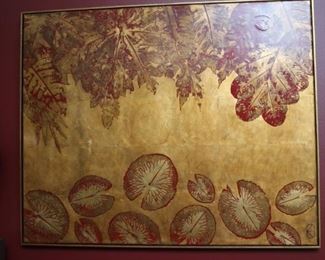 Gold and red leaf print art work.