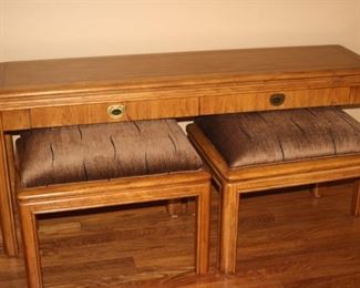 Drexel Heritage sofa table and two stools.