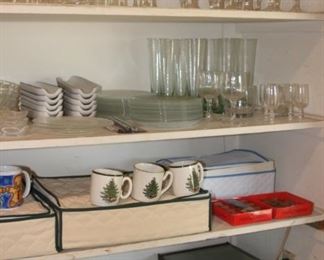 Vintage crystal and glass stemware. Multiple food warming trays, Christmas china.