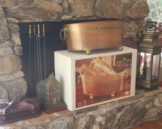 Copper log bin, fireplace accessories.