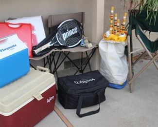 Sporting items, golf clubs, Prince tennis racket,lawn croquet set, stadium seats, coolers and beach/camping chairs.