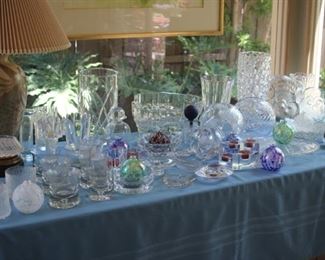Tables full of Waterford, Orrefers, ice glass, Czech, and Mikasa. iitala Frosted Ice Glass. Finland.