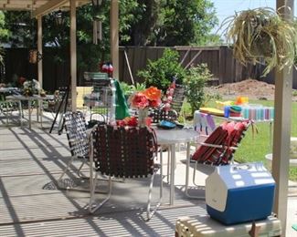 Picnic/camping/beach plastic ware, paper goods, hanging plants, wind chimes, outdoor tea cart.