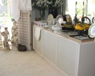 Three statues, bone china coffee mugs, mid century fondue sets, silver plate trays, Paragon bone china plate, Lenox vases, Haviland covered casserole.