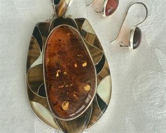 Baltic amber inlaid signed pendant. Baltic amber earrings