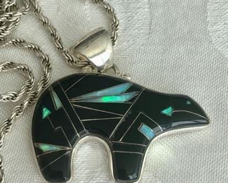 Gorgeous onyx/opal Navajo bear pendant