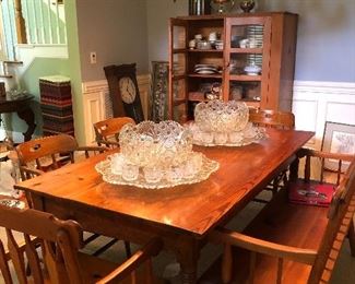 Pine Farm table, 4 chairs and bench, 4 vintage cut glass punch bowl sets brand new in box