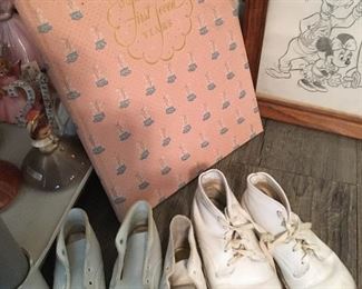 Vintage leather baby shoes, vintage baby book unused, Disney collectible picture