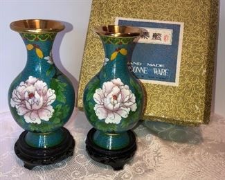 24D, Pair of Cloisonne smaller vases with box, $32