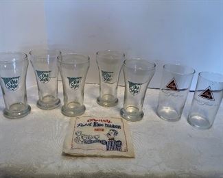 69D, Five Old Style glasses, two Blatz, $35/all