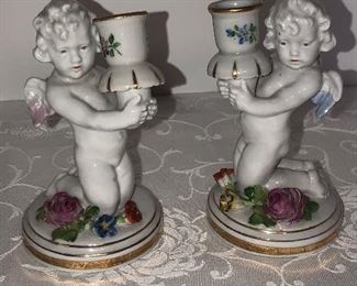 111D, Hand Painted pair of small Dresden Style Cherub candle holders, no damage, $28/pair