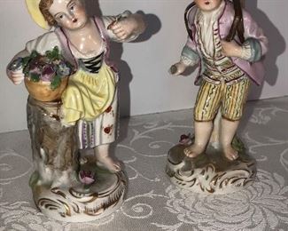 113D, Dresden couple picking flowers, small chip on leaf in girls hand, $40/pair