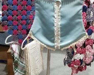 Vintage Linens, yo yo quilts and corset , tablecloths