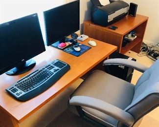 Desk, printer table, desk chair,  computer monitors and printer