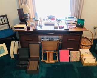 Desk, office supplies, artist easel 