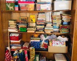 Vintage Children’s books, wrapping, Halloween, Thanksgiving, and Mardi Gras decorations