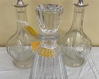 Baccarat crystal decanter & Pair cut crystal decanters w/sterling stoppers