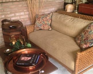 Rattan love seat; modern coffee table