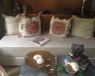 Day bed; decorative pillows; 2 small side / coffee tables