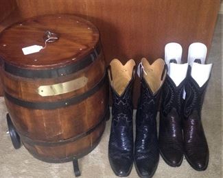 Barrel on wheels; Western boots