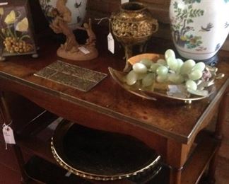 2-tier end table; brass accessories; ginger jars