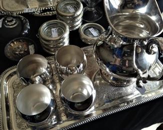 Silver plate pitcher, tray and cups