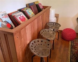 Wooden stand/buffet, records, ironwork stools, knitted yarn stool/foot rest 