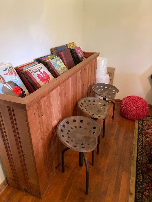 Wooden stand/buffet, records, ironwork stools, knitted yarn stool/foot rest