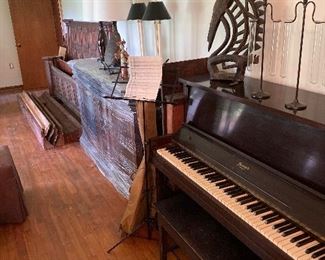 Howard Cincinnati Piano w/ bench, music stand and guitar case, decorative finishing, high end lamps, chest, large high end bed frame 
