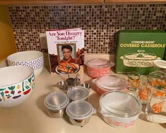 Vintage Kitchen!! Arabia Finland Clover Enamel Bowl, Arabia Finland Fruit Veggies Enamel Bowl, Are you Hungry Tonight? Elvis Cook Book, Vintage Pyrex Cinderella Gooseberry Covered Dishes, Corning Ware Spice O  life