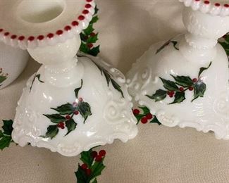 Vintage Westmorland Milk Glass Red Lace Hand Painted Holly Berry Candle Sticks. Set included Sleigh Centerpiece 