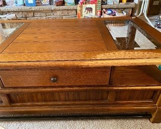 Oak Cocktail Table with drawer. 2 Beveled Glass Inserts