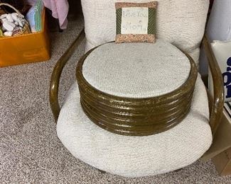 Mid Century Rattan Arm Swivel Chair with Foot Stool